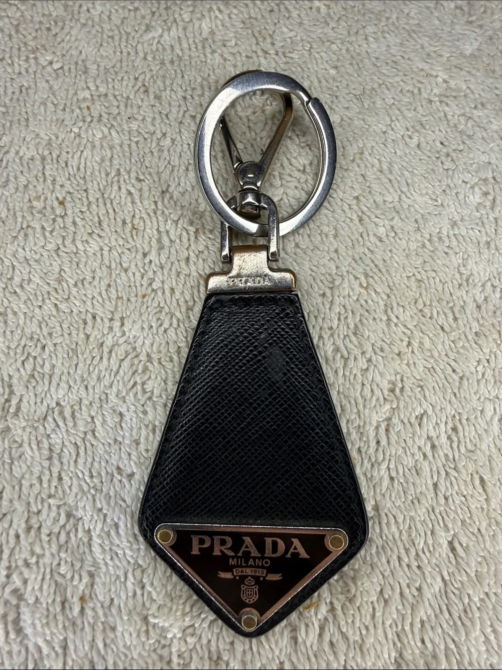 Prada Logo Plate Saffiano Leather Key Ring Bag Charm Black Italy